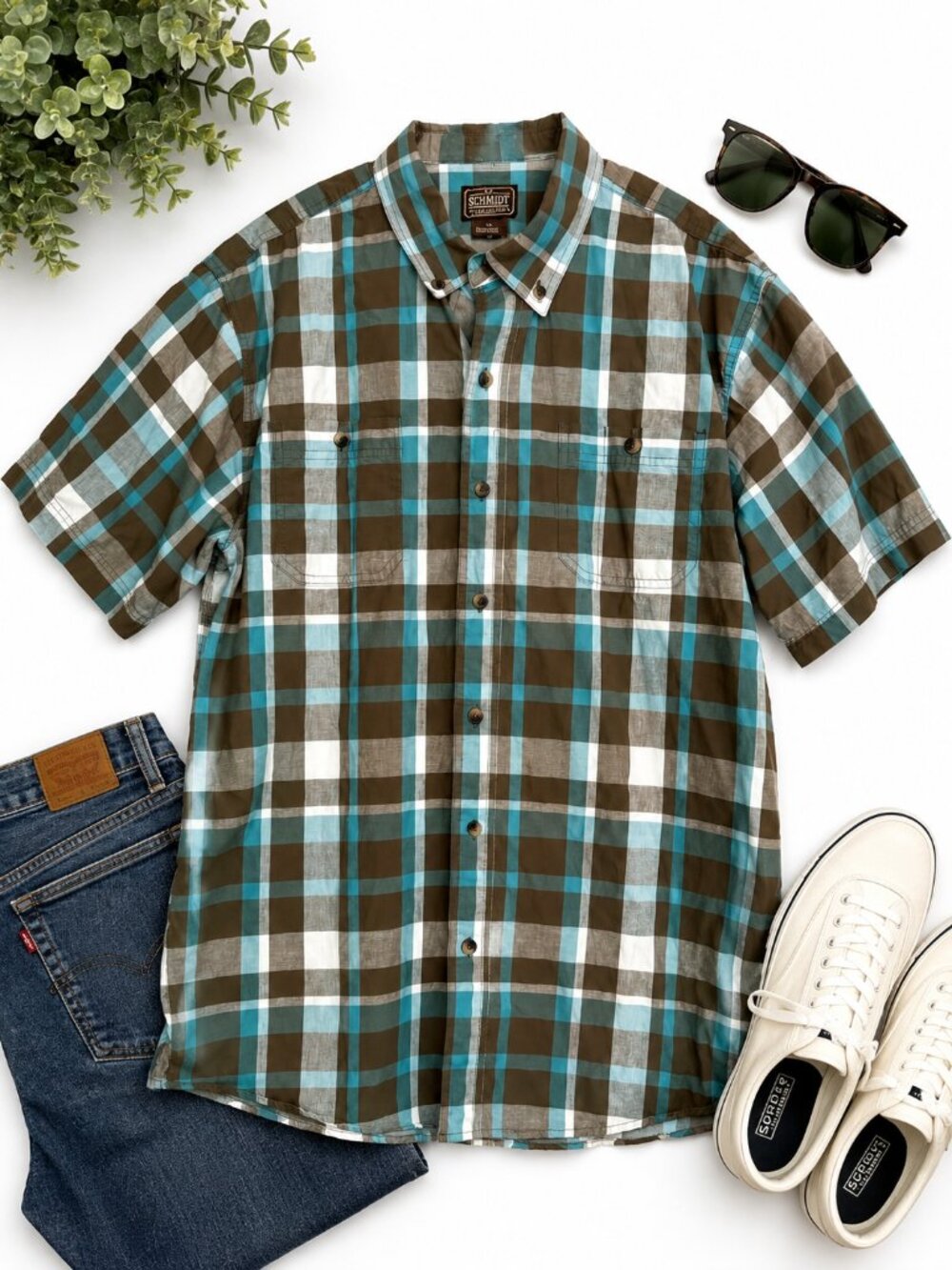 CE Schmidt Workwear Men’s Large Plaid Short Sleeve Button Down Shirt 100% Cotton